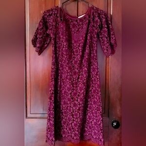 Burgundy lace shoulder show dress